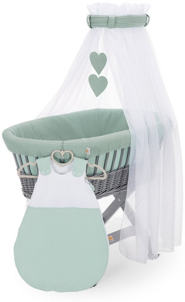 FabiMax Stubenwagen Grau lackiert, 2 in 1 Musselin / Waffelpiqué Komplettset Grün mit Schlafsack