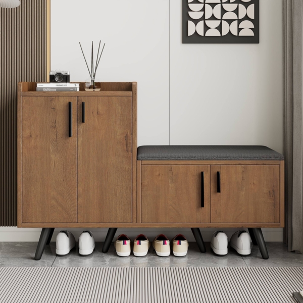 Merax Moderner Schuhbänke mit Holzmaserung, Schuhschrank, vier Aufbewahrungstüren, asymmetrischen Metallgriffen, B120/D34/H82