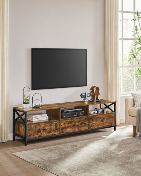 Vasagle TV-Schrank, Lowboard für Fernseher bis zu 75 Zoll, Fernsehtisch mit 3 Schubladen, 40 x 178 x 50 cm, Industrie-Design, Stahlgestell, vintagebraun-schwarz