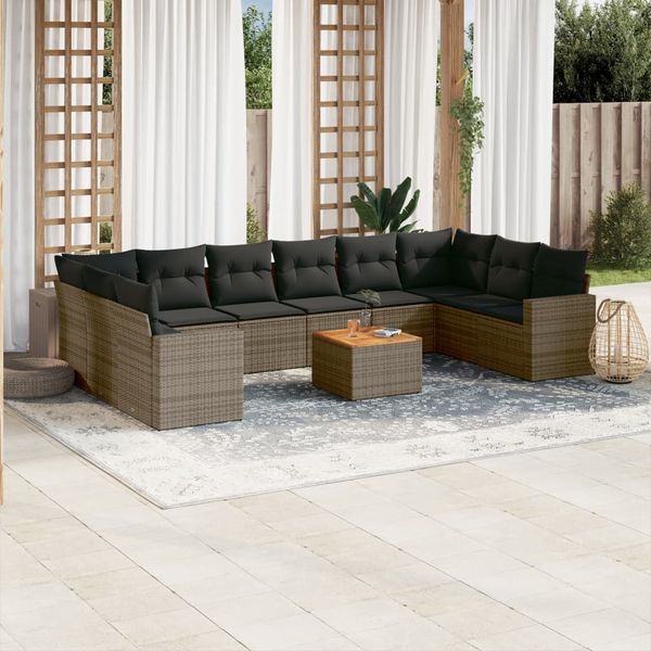 vidaXL 11-tlg. Garten-Sofagarnitur mit Kissen Grau Poly Rattan 3256627