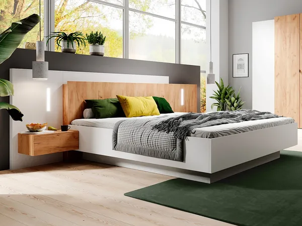 Vente-unique - FRANCOLI Bett Holz, Platte BeigeWeiß - B 218,2 cm x H 102 cm x L 264,4 cm