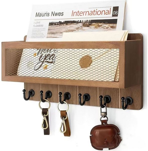 HEYHIPPO Deko-Wandregal Wandmontiertes Lagerregal Massivholz Eingangstür Ablage Schlüsselbrett, Schlüsselhalter Haken Eingangsbereich Umschlag Mail Organizer33×17×9cm, Schlüssel-Organizer für die Wand, Metallhaken × 6 Mail-Organizer
