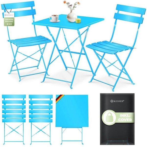 KESSER® Bistroset 3-teilig mit Bistrotisch & 2 Klappbaren Stühlen | Gartenmöbel-Set Outdoor Sitzgruppe | UV & wetterbeständig Gartentisch | Balkonset bestehend aus Klapptisch & 2x Klappstühlen & Cover Hellblau