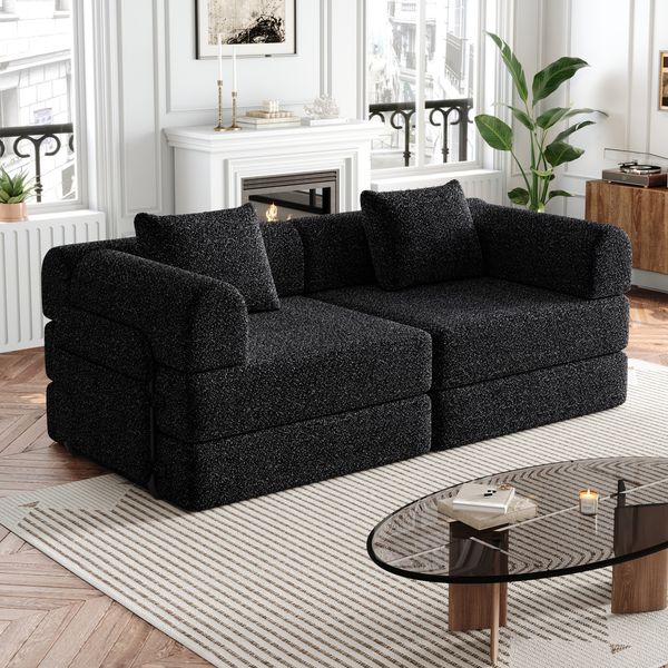 Schlafsofa 2-in-1 in Schwarz mit Armlehnen-Ablagefach, 181,6 x 94 x 49,5 cm – Chenille, modularer Einzelsitzer