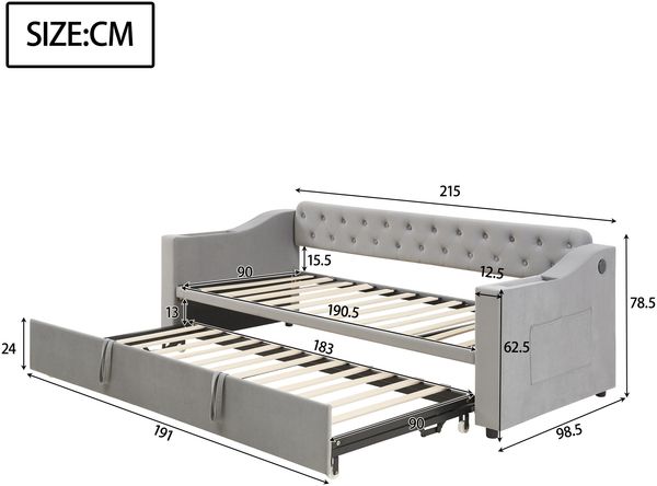Schlafsofa Samt mit Staufächern & USB-C, 90/180x190 cm grau – Ausziehbares Kingsize Bett, hydraulisch, Sofabett Bild 10