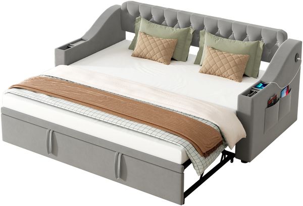 Schlafsofa Samt mit Staufächern & USB-C, 90/180x190 cm grau – Ausziehbares Kingsize Bett, hydraulisch, Sofabett Bild 7