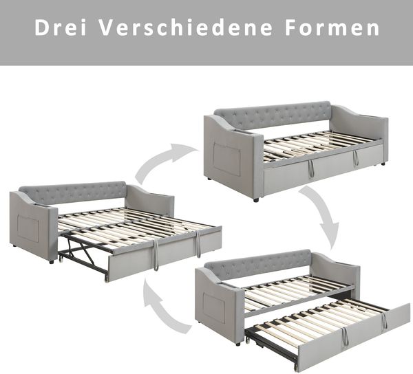 Schlafsofa Samt mit Staufächern & USB-C, 90/180x190 cm grau – Ausziehbares Kingsize Bett, hydraulisch, Sofabett Bild 6