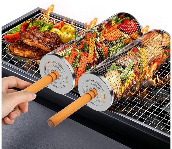 FOUORTUNATE-BEE Grillbesteck-Set Rollendes Grillkorb mit Holzgriff, (1 tlg, Grillnetzrohr für Den Außengrill für Gemüse), Grillkorb Edelstahl Zylindrisch, Grill Zubehör Drehspieß