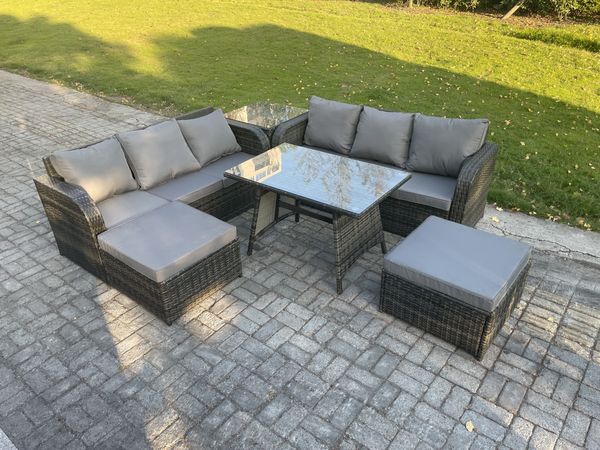 Fimous Rattan Gartenmöbel Set 8-Sitzer Rechteckiger Tisch 2 hohen Hockern Beistelltisch Dunkelgrau Gemischt