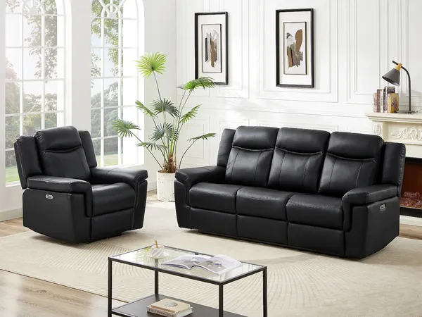 Vente-unique - Couchgarnitur Leder mit elektrischer Relaxfunktion 3+1 - Schwarz - KENNETH