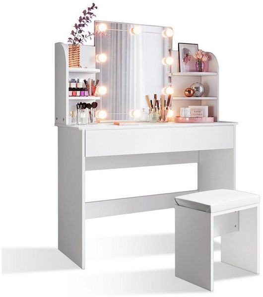 SONNI Schminktisch Schminktisch mit LED-Beleuchtung/ohne LED, weiß, Frisiertisch, weiß, Frisiertisch mit Spiegel 1080x400x1400mm