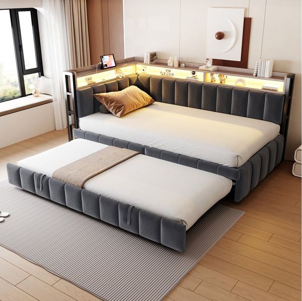 Flieks Daybett, LED Polsterbett Schlafsofa 90x200cm mit Aufladen, Ausziehbett 90x190cm