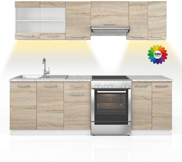 Küchenzeile Raul Sonoma/Weiß 240 cm , AP Marmor mit LED-Leisten Vicco