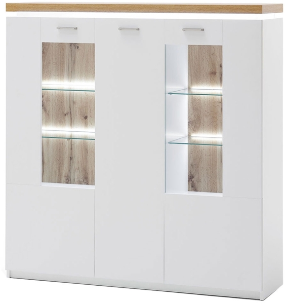 Highboard Celine / Cali, Glas, Holzwerkstoff, Weiß, Holzfarben, 138 x 144 x 38 cm