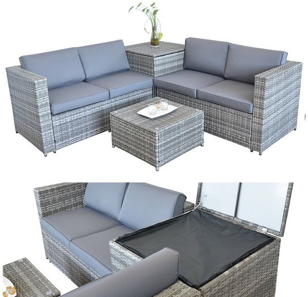 Feel2Home Garten-Essgruppe PolyRattan Sitzgruppe mit Auflagenbox in Schwarz, Grau oder Braun XXL, (Set, inkl. Tisch), Sicherheitsglasplatte