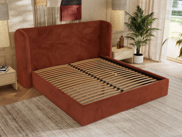 Polsterbett Bett mit Holzlattenrost Schlafzimmer Bett Doppelbett gepolstertes Kopfteil Pocket Matratze - EMORA CLASSIC - 180x200 cm - Orange Plüsch - VIRE LUX Bild 3