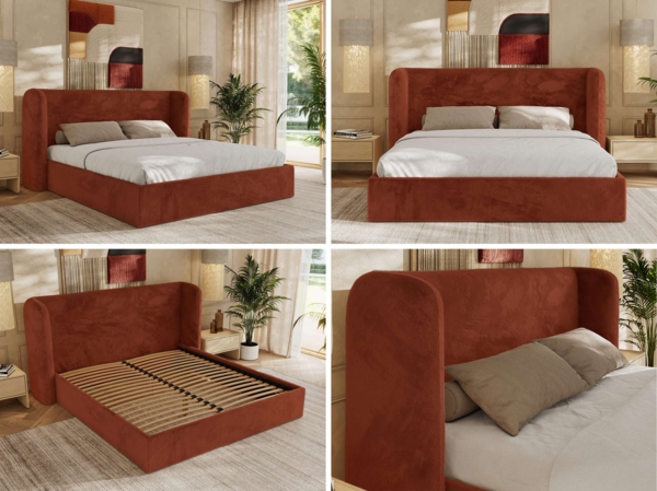 Polsterbett Bett mit Holzlattenrost Schlafzimmer Bett Doppelbett gepolstertes Kopfteil Pocket Matratze - EMORA CLASSIC - 180x200 cm - Orange Plüsch - VIRE LUX Bild 2