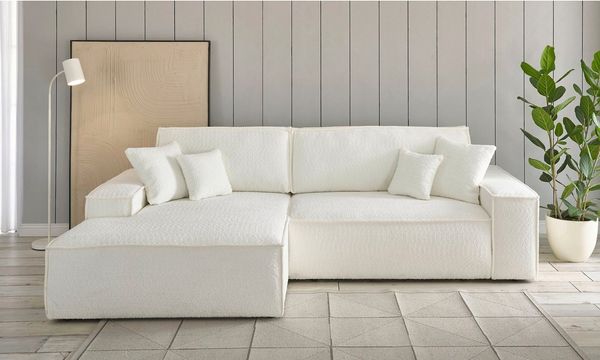 andas Ecksofa Finnley Schlafsofa 267 cm in Bouclé, Struktur fein u. Cord, L-Form, Schlaffunktion m. Bettkasten (136/210 cm), Bouclé, Struktur und Cord