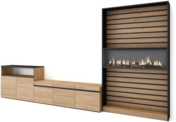 Skraut Home | Wohnwand Wohnzimmer | Wohnzimmermöbel, Möbelset | 360 x 186 x 35 cm | Für TV-Geräte bis zu 65" | Elektrokamin | Moderner Stil | Eiche Schwarz