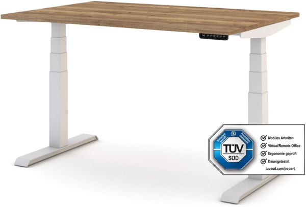 ASSMANN Elektrisch Höhenverstellbarer Familien Schreibtisch Pitino 160x80cm Eiche Tabak Signalweiß Metall Holz