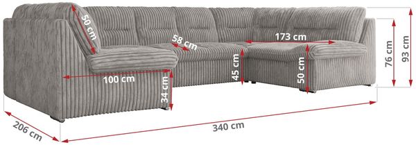 Ecksofa, Sofa big XXL, Wellenfedern, Wohnlandschaft XXL, mit Schlaffunktion - COMODO U - Hellgrau Cord - Topper T25 Bild 7