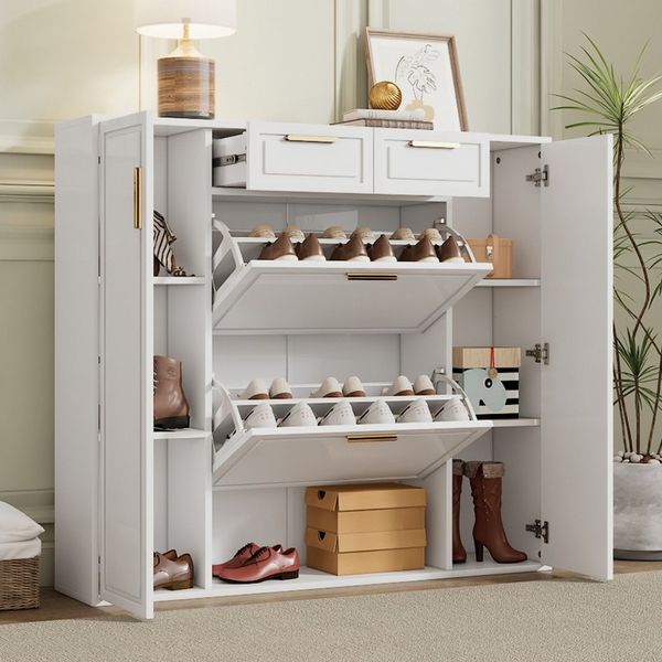 Flieks Schuhschrank mit 2 Klappen, 2 Schubladen und 2 Türen Weiß (mit verstellbaren Regalen, 1-St, B120/T24/H107 cm) Schuhkommode Schuhkipper Schuhregal, goldenen Metallgriffen