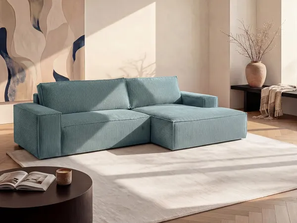 Vente-unique - Ecksofa mit Schlaffunktion - Ecke Rechts - Cord - Türkisblau - AMELIA