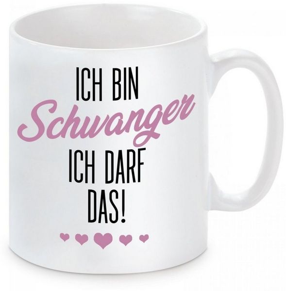 Herzbotschaft Tasse Kaffeebecher mit Motiv Ich bin schwanger, ich darf das, Keramik, Kaffeetasse spülmaschinenfest und mikrowellengeeignet