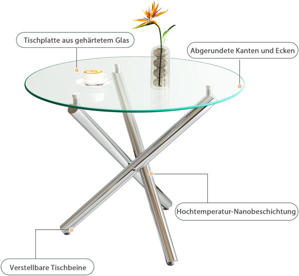 Runder Esstisch mit Platte aus gehärtetem Glas und Metallbeinen, Couchtisch, moderner minimalistischer Esstisch, 80 × 80 × 76 cm Bild 9