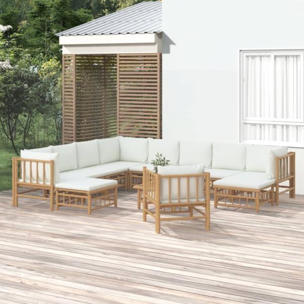 vidaXL 12-tlg. Garten-Lounge-Set mit Cremeweißen Kissen Bambus 3155194