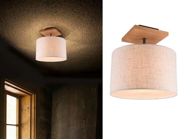 LED Deckenleuchte mit Stoffschirm in Beige und Naturholz Sockel, Ø 36cm