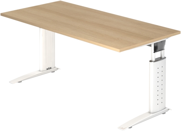 bümö höhenverstellbarer Schreibtisch U-Serie 160x80 Eiche, Gestell in weiß - PC Tisch für's Büro manuell höhenverstellbar, Computertisch verstellbar, US-16-E-W Bild 1