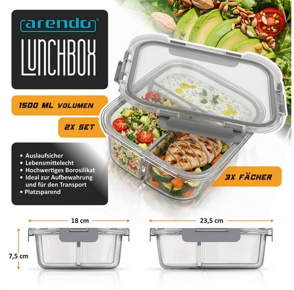 Arendo Frischhaltedose 2er Set Glas Vorratsdosen, 3 Fächer, Lunchboxen, auslaufsicher, Deckel, Borosilikatglas, (Set, 2-tlg, mit 3 Fächern), Mikrowellen, Ofen, Gefrier & spülmaschinengeeignet, Bento, Meal Prep Bild 2