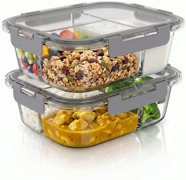 Arendo Frischhaltedose 2er Set Glas Vorratsdosen, 3 Fächer, Lunchboxen, auslaufsicher, Deckel, Borosilikatglas, (Set, 2-tlg, mit 3 Fächern), Mikrowellen, Ofen, Gefrier & spülmaschinengeeignet, Bento, Meal Prep