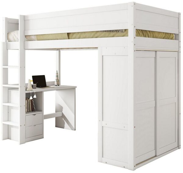 REDOM Hochbett Holzbett, ausgestattet mit Kleiderschrank (Kinderbett mit Schreibtisch und Schubladen, 90x200cm) ohne Matratze