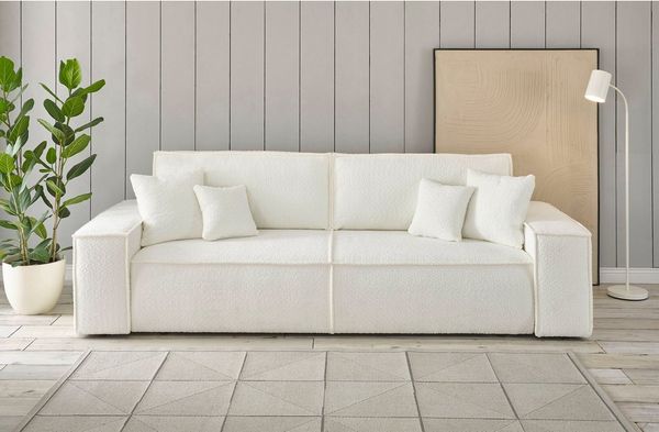 andas 3-Sitzer FINNLEY Schlafsofa 257 cm, Schlaffunktion mit Bettkasten (200/136cm), in Aqua Clean-Bouclé, Struktur fein u. Cord