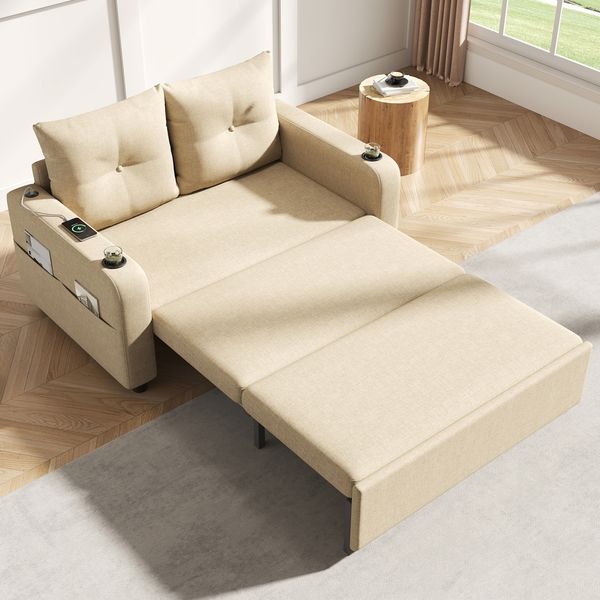 Merax 3-in-1 Schlafsofa, ausziehbares Sofa Bett mit Schlaf-Funktion, Doppelsofa mit Getränkehalter, Seitentaschen, Kissen und USB-Anschluss, Beige