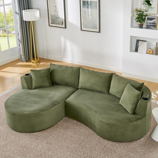 Flieks Sofa set, 2-Sitzer + Rechte Chaiselongue, mit Getränkehalter & Kissen, Bogenförmiges Design, Cordstoff, Grün