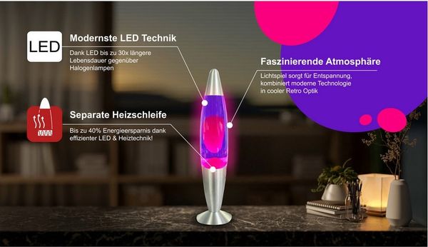 BLULAXA LED Lavalampe BLULAXA LED-Lava-Tischleuchte, 49984, 20W, 34 cm, rosa/lila