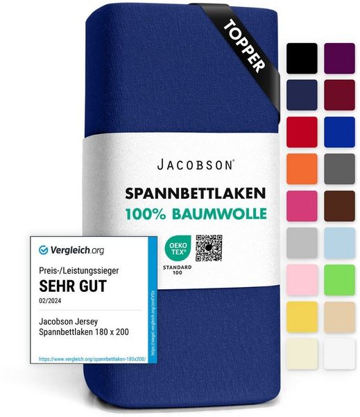 Jacobson Spannbettlaken TOPPER aus 100% Baumwolle, Jersey Bettlaken 160 g/m², Spannbetttuch mit Gummizug, pflegeleicht & viele Farben
