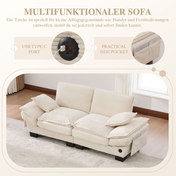 2-Sitzer Sofa 190 x 73 x 84 cm aus Corduroy in Beige – mit USB-C-Anschluss und Seitentaschen Bild 8