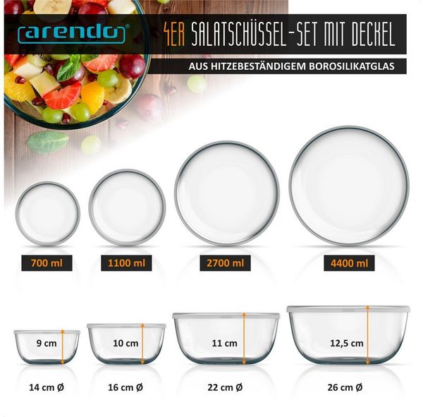 Arendo Salatschüssel 4x Glasschüsseln mit Deckel 0,7L, 1,1L, 2,7L & 4,4L, Glas Rührschüssel, Glas, (4er Set, 4-tlg), Glasschale, BPA-frei, Spülmaschinen und Mikrowellen geeignet