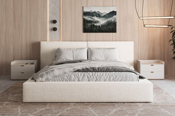 MOEBLO Polsterbett aus Bouclé Bett 06 (Bezug: Boucle, Doppelbett mit Kopfstütze, Rahmenbettgestell, mit Bettkasten und Lattenrost), gepolstertes Kopfteil