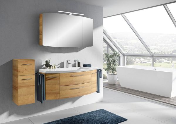 Saphir Badmöbel-Set Cassca Sprint 3-teilig Mineralmarmor-Waschtisch mit LED-Spiegelschrank, (4-St), Unterschrank, inkl. Türdämpfer, 6 Türen, 3 Schubladen