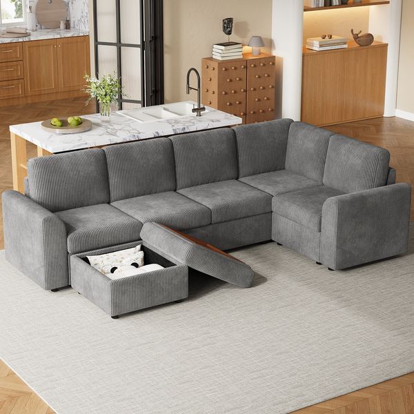 Ecksofa 282x153x85 cm in Grau aus Cord mit Schlaffunktion und Stauraumhocker