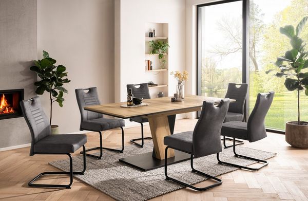 OTTO home Essgruppe "Altona", Esstisch ausziehbar plus 6 Stühle, (7-tlg, Esstisch ausziehbar 140 - 180 cm, 6 Freischwinger), Säulentisch 140-180x90 cm, Stuhl mit Federkorb, 140 kg belastbar