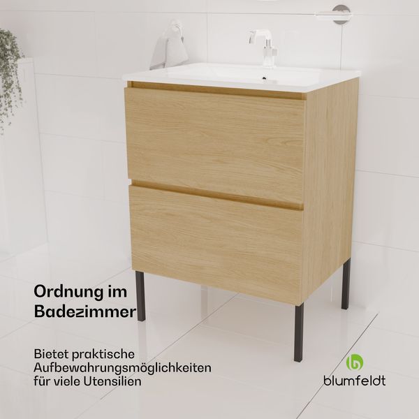 Blumfeldt Johnstone Waschbecken mit Unterschrank – natürliches Holzfinish, Keramikbecken, Soft-Close, feuchtigkeitsbeständig, geräumige Schubladen, einfache Selbstmontage – inklusive Füßen