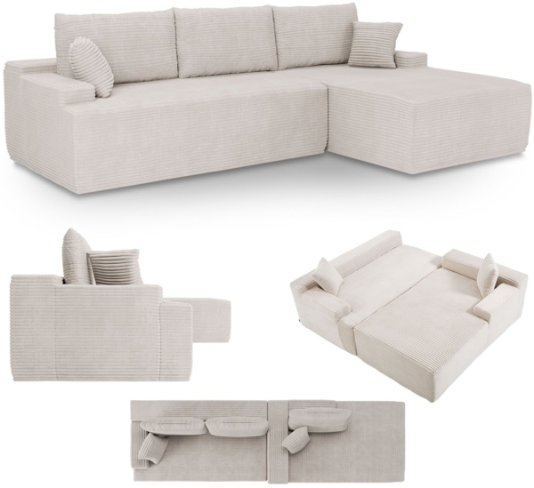 Juskys Sofa Coredo - modernes Cord Sofa mit Ottomane rechts, gemütliche Couch mit Schaumstoffpolsterung, Cordbezug & Kissen, modular - Beige