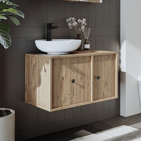Roomart GUSTO-I-75 Badmöbel Set– 2-teiliges Badezimmermöbel Set - Waschbecken mit Unterschrank - H 45 x B 45 x T 75 cm • Eiche