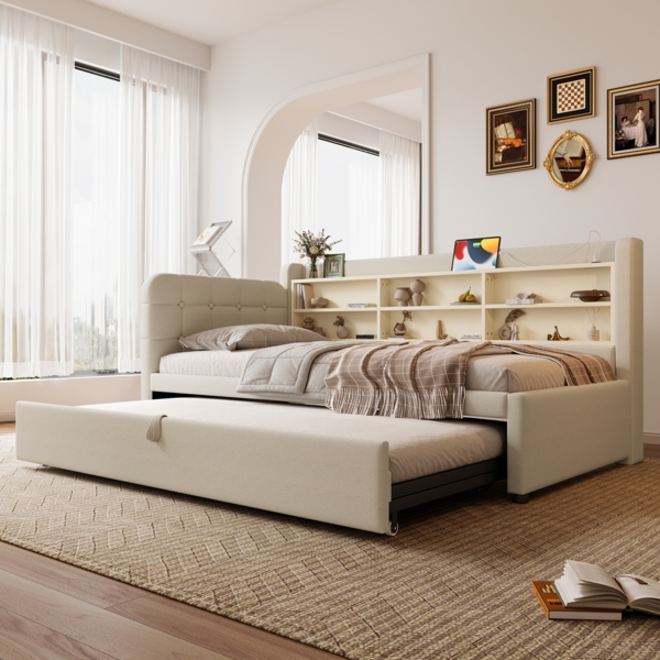 Daybett 90x200 cm mit Ausziehbett, Schlafsofa mit USB & Typ-C Ladeanschluss, multifunktionales, Leinenstoff Beige